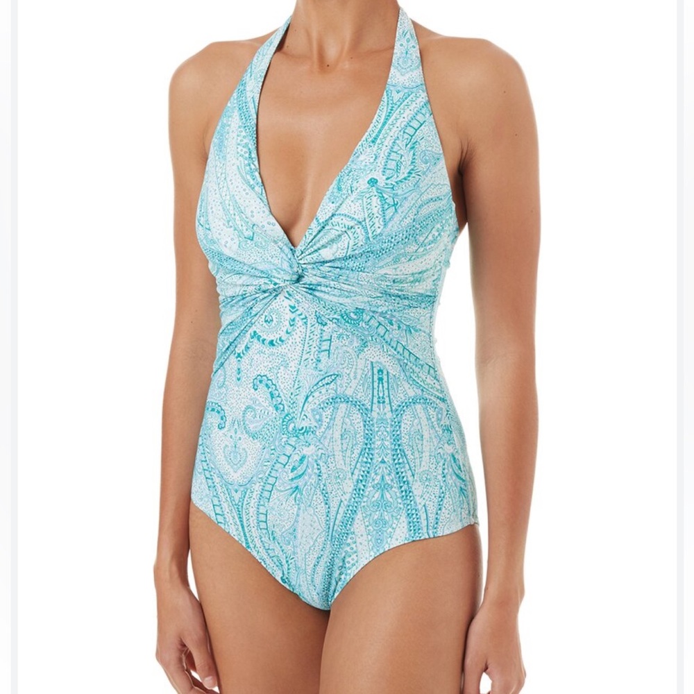 Melissa Obabash ZANZIBAR PAISLEY HALTERNECK RUCHED KNOT SWIMSUIT size 8